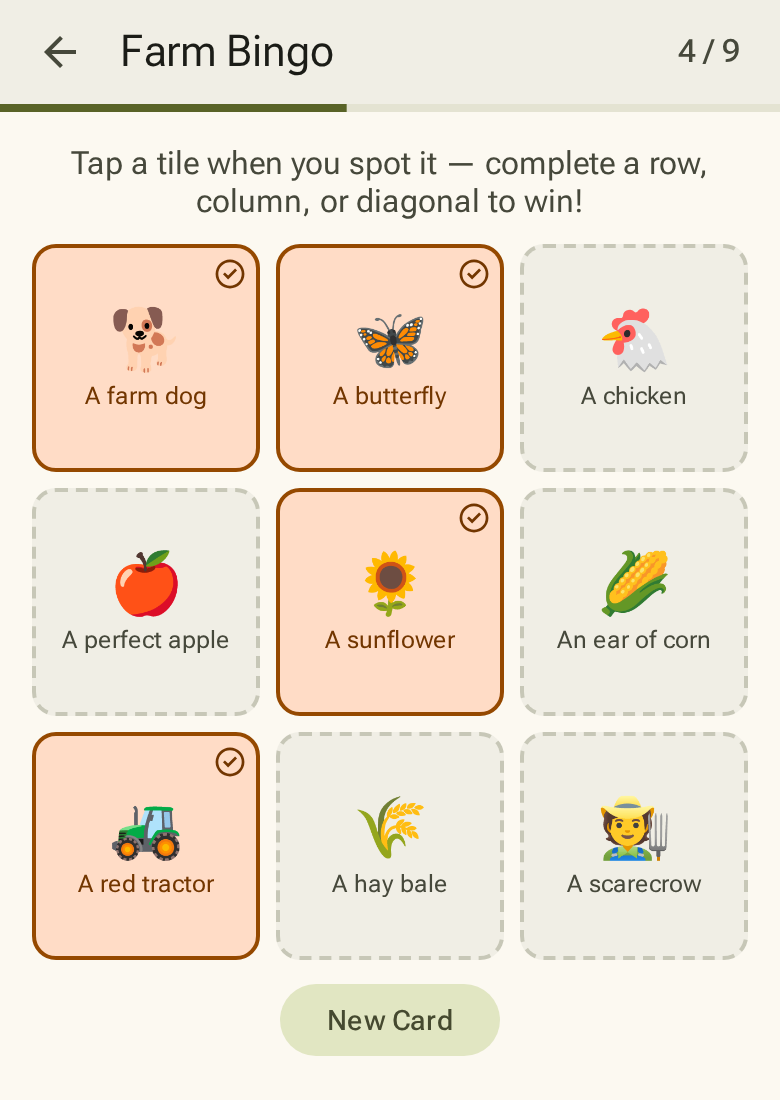 Farm Bingo card with emoji tiles, some checked
