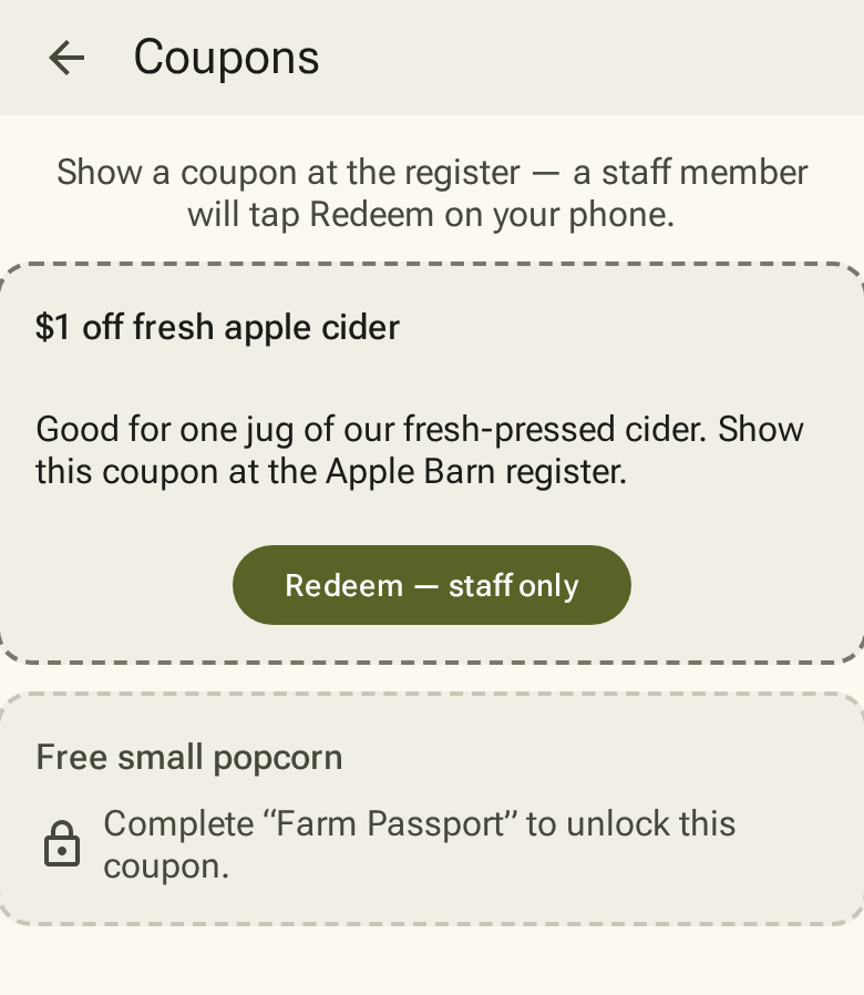 Coupon on a visitor phone with a staff-only redeem button, and a coupon still locked behind a game