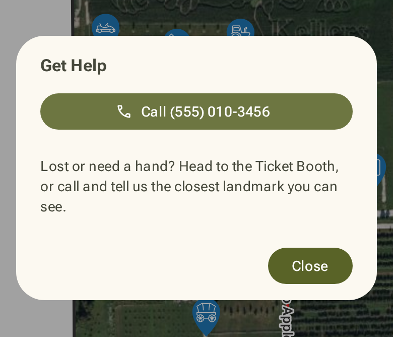 Get Help dialog with a tap-to-call button over the map