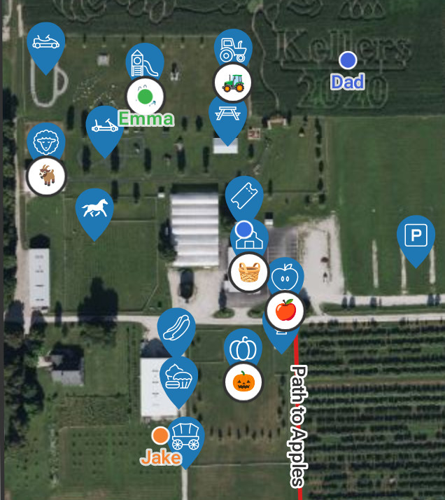 Family members as live named dots on the farm map