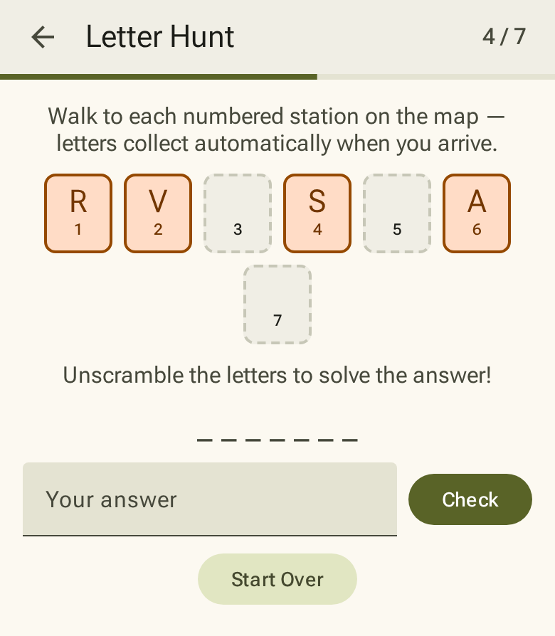 Letter Hunt tray with collected letters and the answer to unscramble