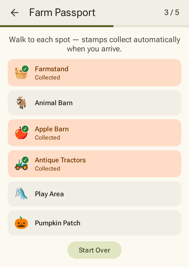 Farm Passport panel with collected stamps